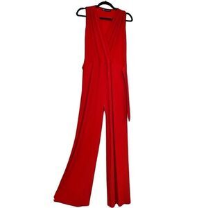 Carole Laurent Small Surplice Neckline Sleeveless Tie Waist Solid Red Jumpsuit